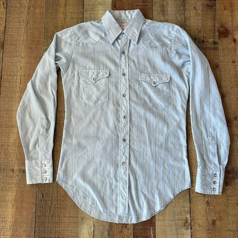 Vintage Wrangler Mens Long Sleeve Pearl Snap Shirt 15-34 Blue Stripe Long Tails